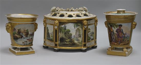 An English porcelain bough pot and two pastille burners, 19th century